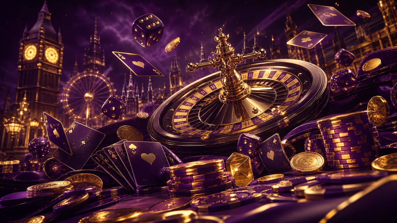 Luxurious Spinchester casino banner featuring glowing dice and poker chips in a high-end setting.