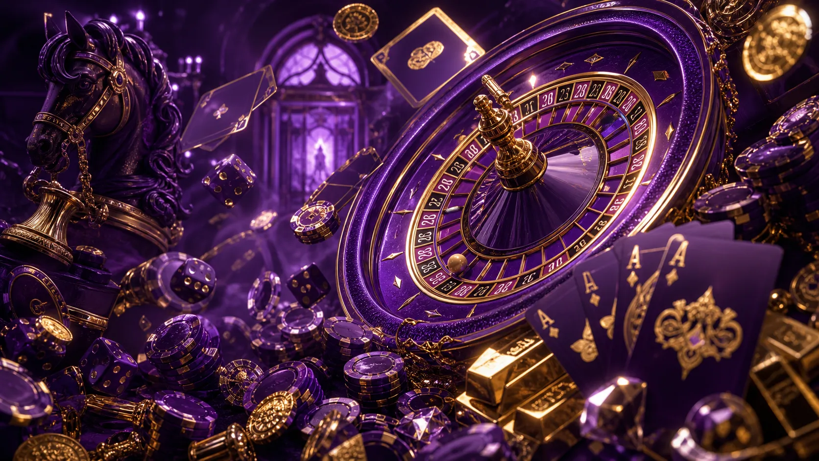 Futuristic holographic casino elements with glow, showcasing poker chips, roulette wheel, and neon accents.
